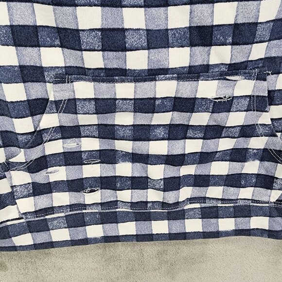 Womens Blue & White Checkered Hoodie Shirt Cold Shoulder Long Sleeve Size L - Picture 3 of 10